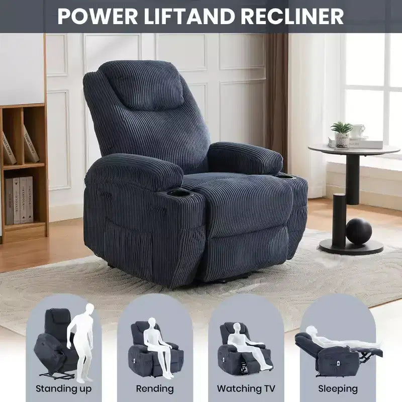Elektrischer Hebesessel mit Massage und Wärmefunktion, 155 verstellbarem Cordsofa, Aufstehhilfe, Seitentaschen und Getränkehaltern für Senioren, Grau