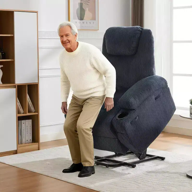 Elektrischer Hebesessel mit Massage und Wärmefunktion, 155 verstellbarem Cordsofa, Aufstehhilfe, Seitentaschen und Getränkehaltern für Senioren, Grau