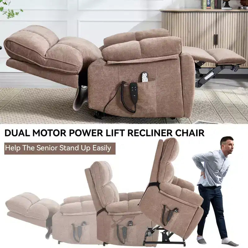 Beiger Chenille-Hebesessel mit Wärme- und Massagefunktion, zwei Motoren, stufenlos verstellbarer Position, belastbar bis 350 LBS, große elektrische Sessel mit versteckten Getränkehaltern