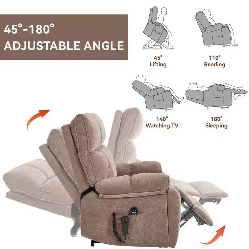 Beiger Chenille-Hebesessel mit Wärme- und Massagefunktion, zwei Motoren, stufenlos verstellbarer Position, belastbar bis 350 LBS, große elektrische Sessel mit versteckten Getränkehaltern