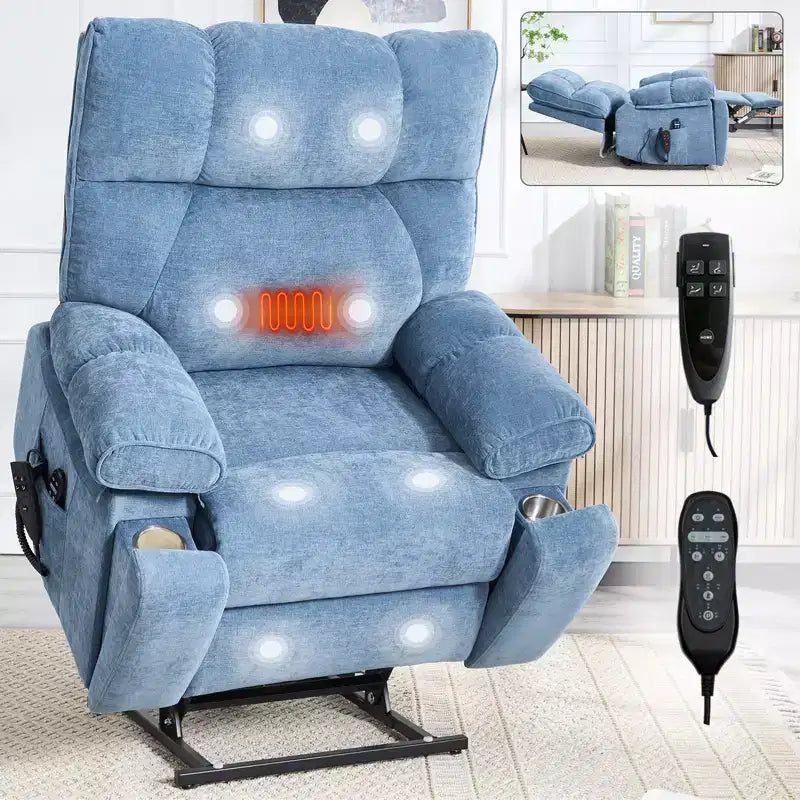 Beiger Chenille-Hebesessel mit Wärme- und Massagefunktion, zwei Motoren, stufenlos verstellbarer Position, belastbar bis 350 LBS, große elektrische Sessel mit versteckten Getränkehaltern