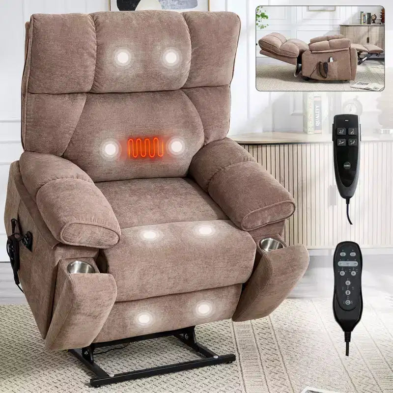 Beiger Chenille-Hebesessel mit Wärme- und Massagefunktion, zwei Motoren, stufenlos verstellbarer Position, belastbar bis 350 LBS, große elektrische Sessel mit versteckten Getränkehaltern