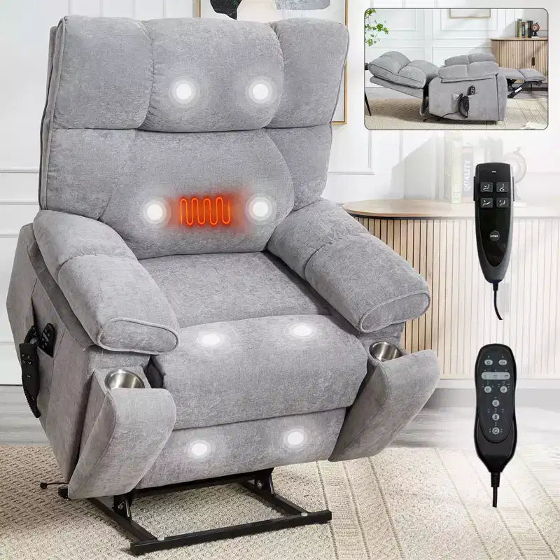 Beiger Chenille-Hebesessel mit Wärme- und Massagefunktion, zwei Motoren, stufenlos verstellbarer Position, belastbar bis 350 LBS, große elektrische Sessel mit versteckten Getränkehaltern