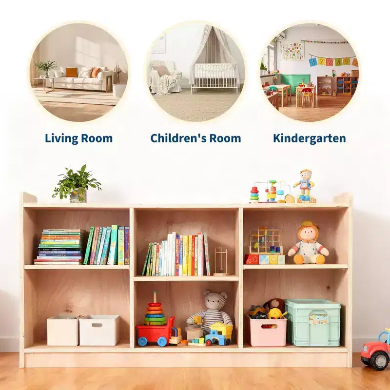 Estante de almacenamiento de madera, organizador de juguetes y libros con 5 compartimentos y divisores ajustables, librería infantil de acabado natural para sala de juegos