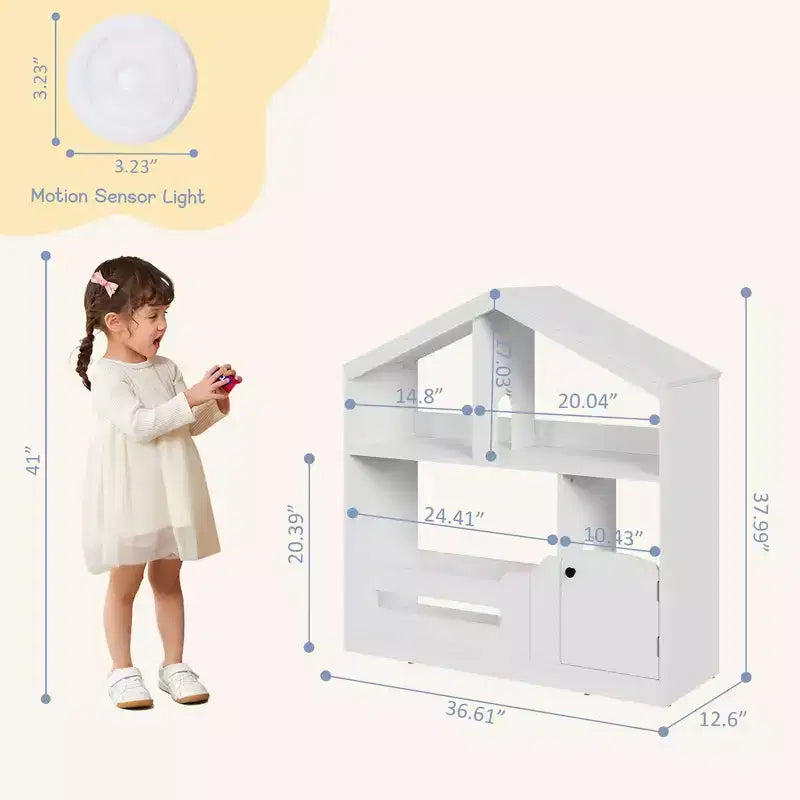 Bibliothèque pour enfants à 2 niveaux avec éclairage à détecteur de mouvement - bibliothèque en bois, organisateur de rangement pour jouets, pour chambre d’enfant, salle de classe et salle de jeux