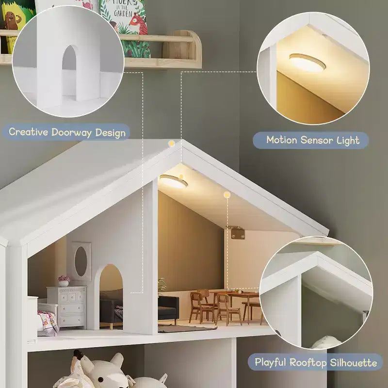 Bibliothèque pour enfants à 2 niveaux avec éclairage à détecteur de mouvement - bibliothèque en bois, organisateur de rangement pour jouets, pour chambre d’enfant, salle de classe et salle de jeux