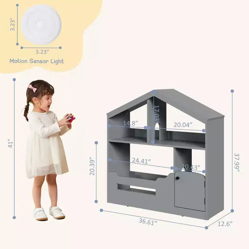 Kinderbücherregal mit 2 Ebenen und Bewegungsmelderleuchte - Bücherregal aus Holz, Spielzeug-Aufbewahrungsorganizer, Bücherständer für Kinderzimmer, Klassenzimmer und Spielzimmer