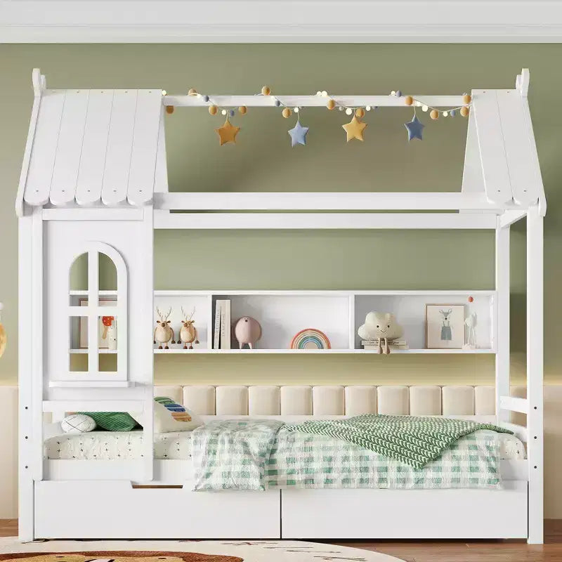 Cama tipo casita tamaño individual/matrimonial con estructura de plataforma de madera maciza y cajones/estantes de almacenamiento, diseño de ventana infantil - ModernLuxe