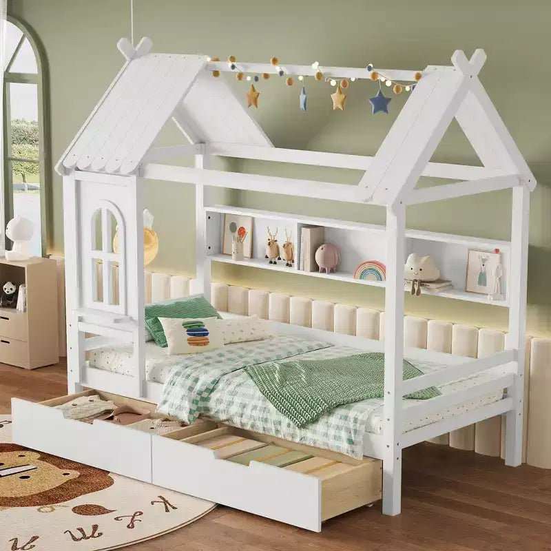 Cama tipo casita tamaño individual/matrimonial con estructura de plataforma de madera maciza y cajones/estantes de almacenamiento, diseño de ventana infantil - ModernLuxe