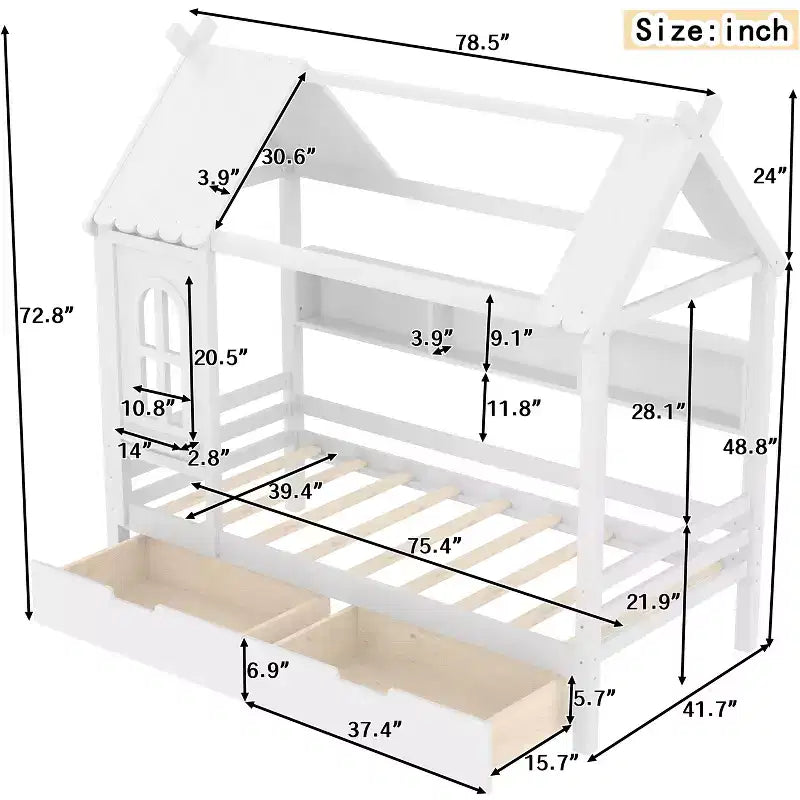 Cama tipo casita tamaño individual/matrimonial con estructura de plataforma de madera maciza y cajones/estantes de almacenamiento, diseño de ventana infantil - ModernLuxe