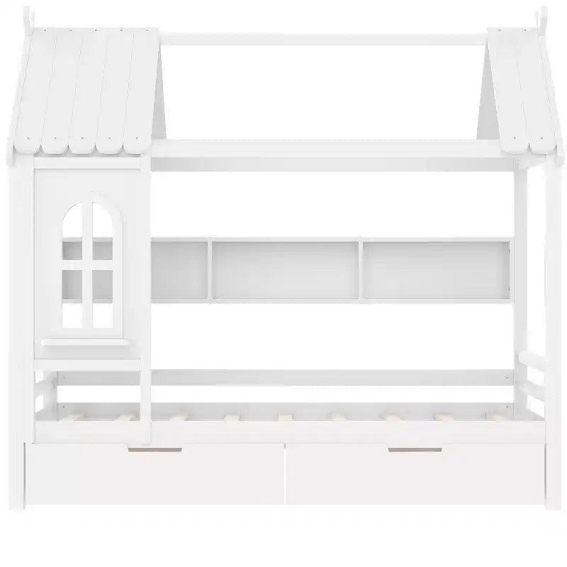Cama tipo casita tamaño individual/matrimonial con estructura de plataforma de madera maciza y cajones/estantes de almacenamiento, diseño de ventana infantil - ModernLuxe