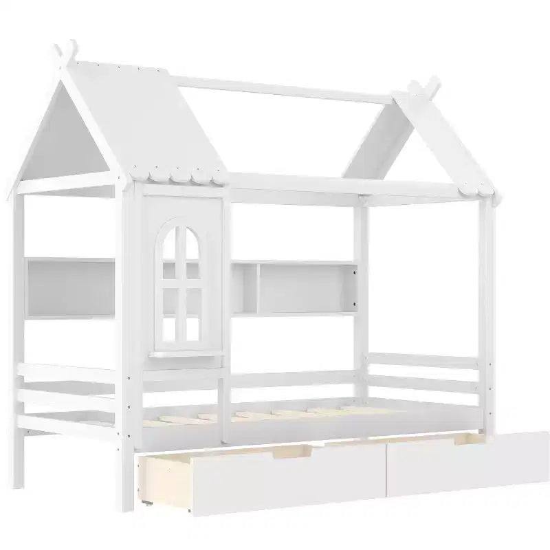 Cama tipo casita tamaño individual/matrimonial con estructura de plataforma de madera maciza y cajones/estantes de almacenamiento, diseño de ventana infantil - ModernLuxe