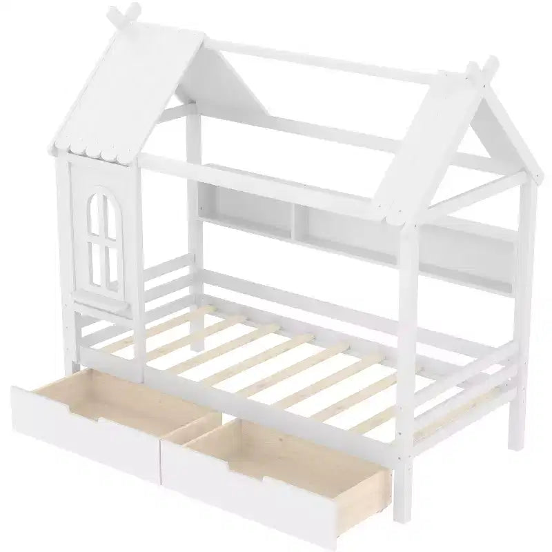 Cama tipo casita tamaño individual/matrimonial con estructura de plataforma de madera maciza y cajones/estantes de almacenamiento, diseño de ventana infantil - ModernLuxe