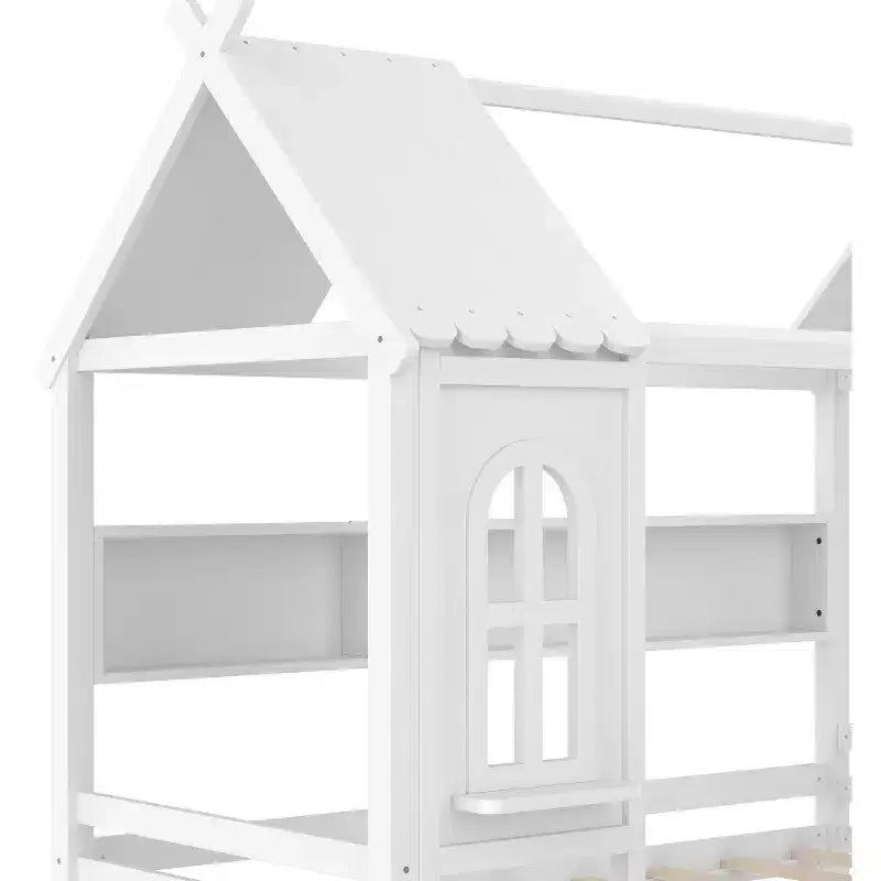 Cama tipo casita tamaño individual/matrimonial con estructura de plataforma de madera maciza y cajones/estantes de almacenamiento, diseño de ventana infantil - ModernLuxe