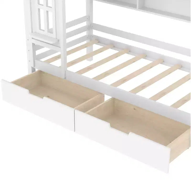 Cama tipo casita tamaño individual/matrimonial con estructura de plataforma de madera maciza y cajones/estantes de almacenamiento, diseño de ventana infantil - ModernLuxe