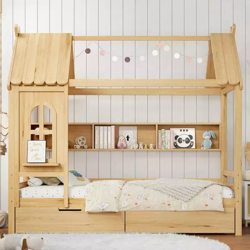 Cama tipo casita tamaño individual/matrimonial con estructura de plataforma de madera maciza y cajones/estantes de almacenamiento, diseño de ventana infantil - ModernLuxe