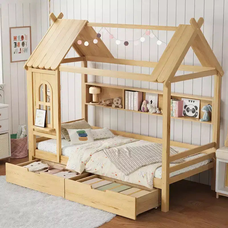 Cama tipo casita tamaño individual/matrimonial con estructura de plataforma de madera maciza y cajones/estantes de almacenamiento, diseño de ventana infantil - ModernLuxe