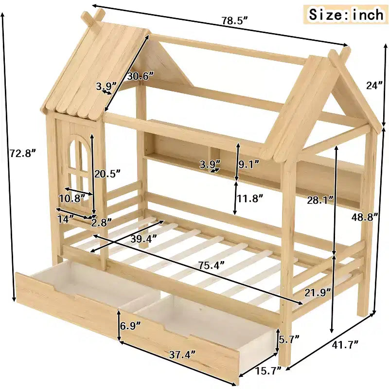 Lit cabane pour une personne/deux personnes avec cadre de lit plateforme en bois massif, tiroirs/étagères de rangement et fenêtre fantaisie - ModernLuxe