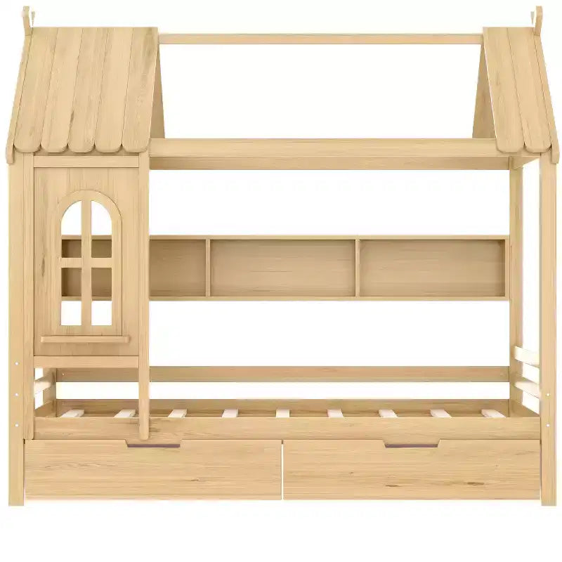 Cama tipo casita tamaño individual/matrimonial con estructura de plataforma de madera maciza y cajones/estantes de almacenamiento, diseño de ventana infantil - ModernLuxe