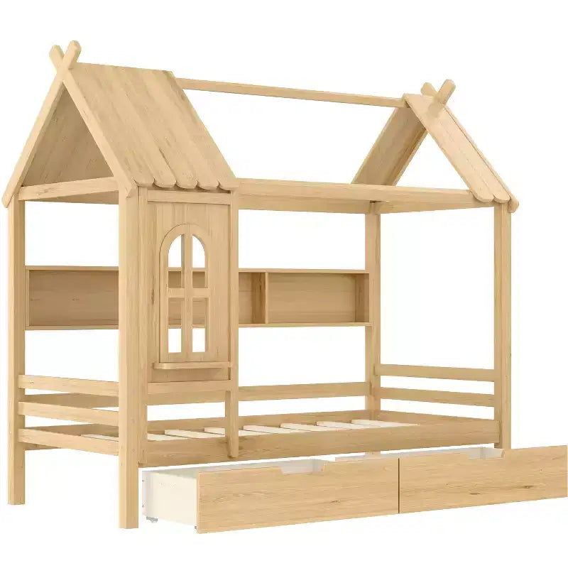 Cama tipo casita tamaño individual/matrimonial con estructura de plataforma de madera maciza y cajones/estantes de almacenamiento, diseño de ventana infantil - ModernLuxe