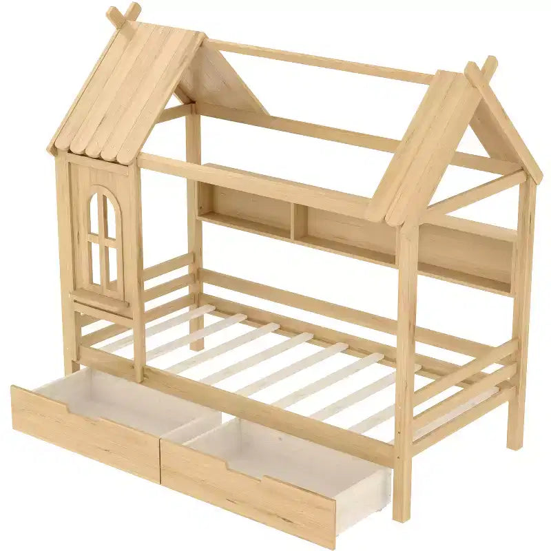 Cama tipo casita tamaño individual/matrimonial con estructura de plataforma de madera maciza y cajones/estantes de almacenamiento, diseño de ventana infantil - ModernLuxe