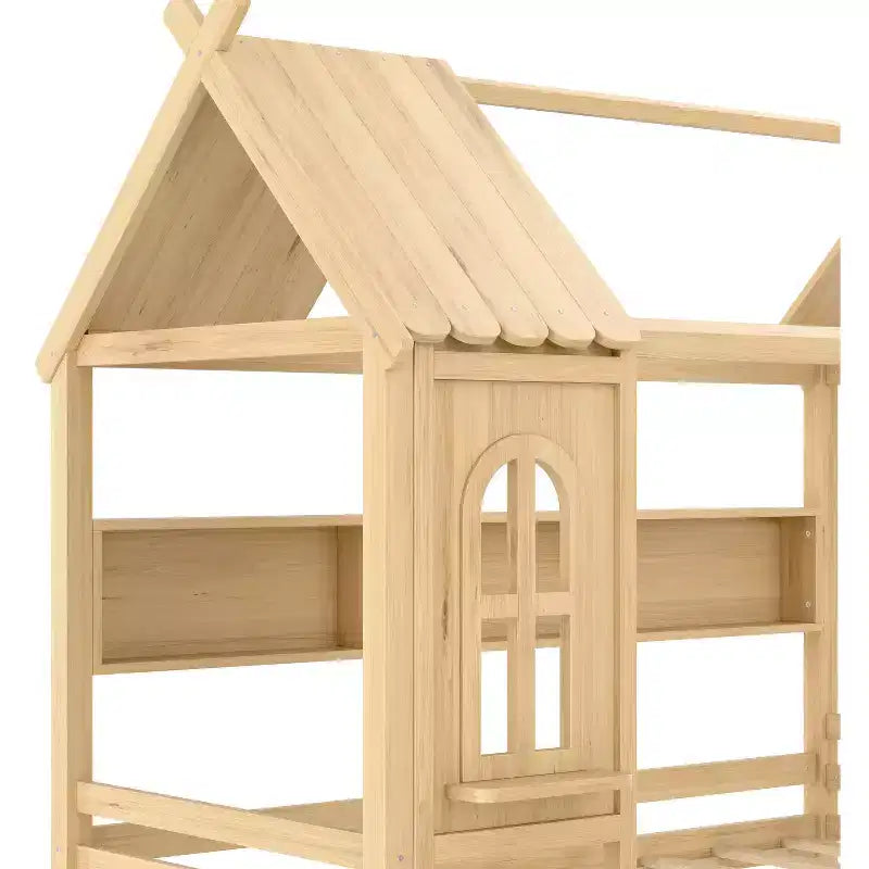Cama tipo casita tamaño individual/matrimonial con estructura de plataforma de madera maciza y cajones/estantes de almacenamiento, diseño de ventana infantil - ModernLuxe