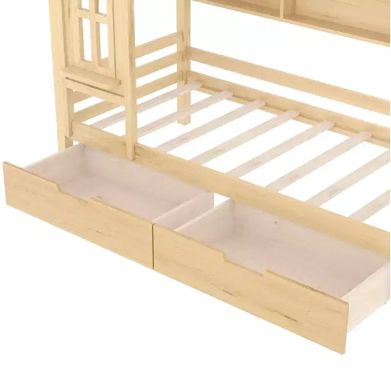 Cama tipo casita tamaño individual/matrimonial con estructura de plataforma de madera maciza y cajones/estantes de almacenamiento, diseño de ventana infantil - ModernLuxe