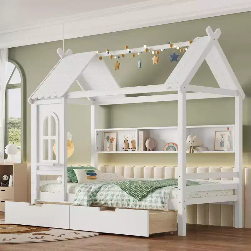 Lit cabane pour une personne/deux personnes avec cadre de lit plateforme en bois massif, tiroirs/étagères de rangement et fenêtre fantaisie - ModernLuxe