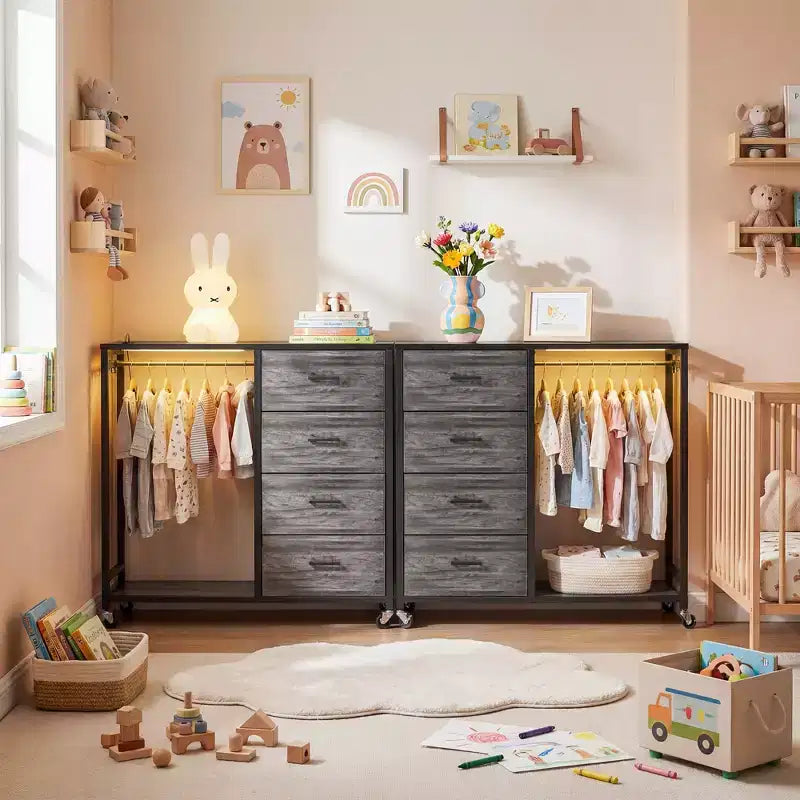 Portant à vêtements et commode avec station de recharge et éclairage LED, commode de chambre à 4 tiroirs