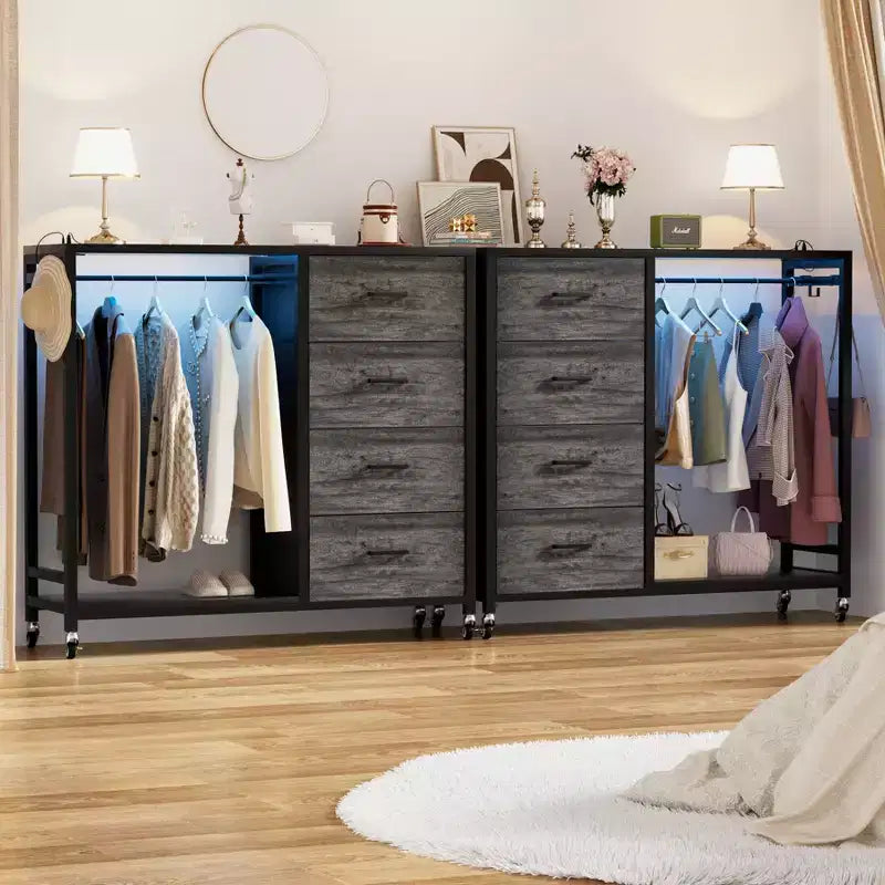 Portant à vêtements et commode avec station de recharge et éclairage LED, commode de chambre à 4 tiroirs