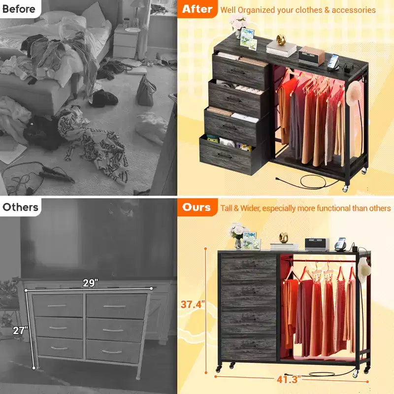 Portant à vêtements et commode avec station de recharge et éclairage LED, commode de chambre à 4 tiroirs