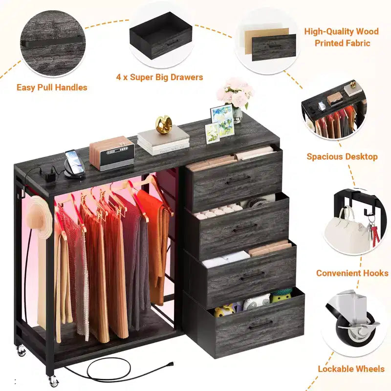 Portant à vêtements et commode avec station de recharge et éclairage LED, commode de chambre à 4 tiroirs