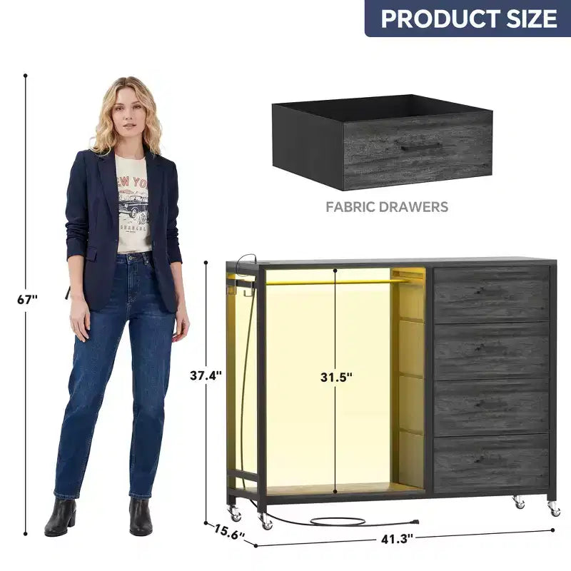 Portant à vêtements et commode avec station de recharge et éclairage LED, commode de chambre à 4 tiroirs