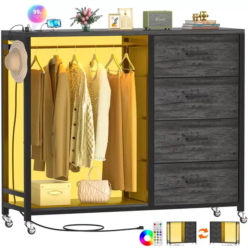 Portant à vêtements et commode avec station de recharge et éclairage LED, commode de chambre à 4 tiroirs