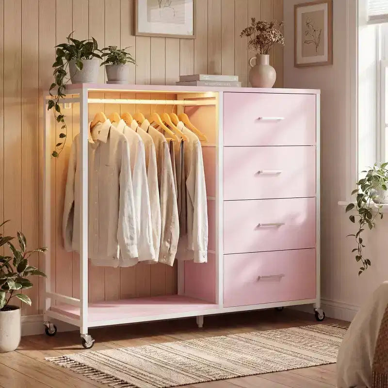 Portant à vêtements et commode avec station de recharge et éclairage LED, commode de chambre à 4 tiroirs