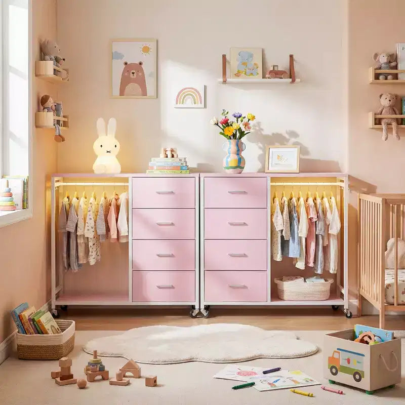 Portant à vêtements et commode avec station de recharge et éclairage LED, commode de chambre à 4 tiroirs
