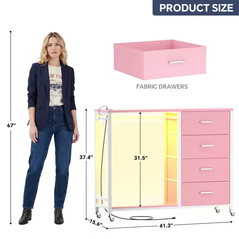 Portant à vêtements et commode avec station de recharge et éclairage LED, commode de chambre à 4 tiroirs