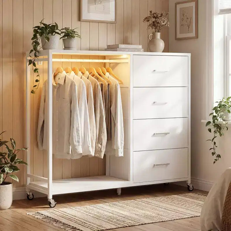 Portant à vêtements et commode avec station de recharge et éclairage LED, commode de chambre à 4 tiroirs