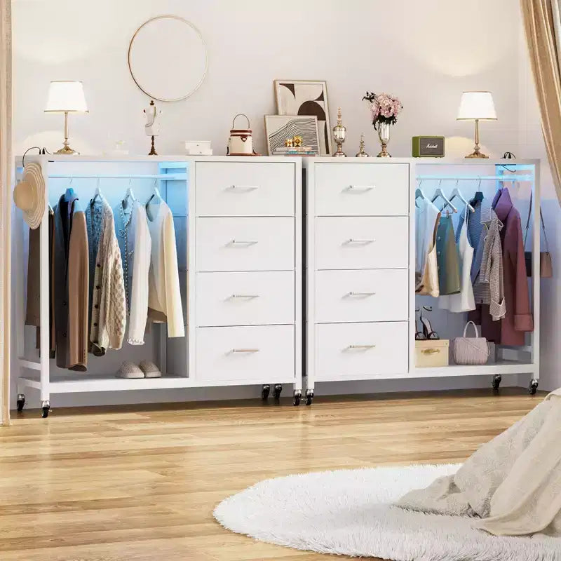 Portant à vêtements et commode avec station de recharge et éclairage LED, commode de chambre à 4 tiroirs
