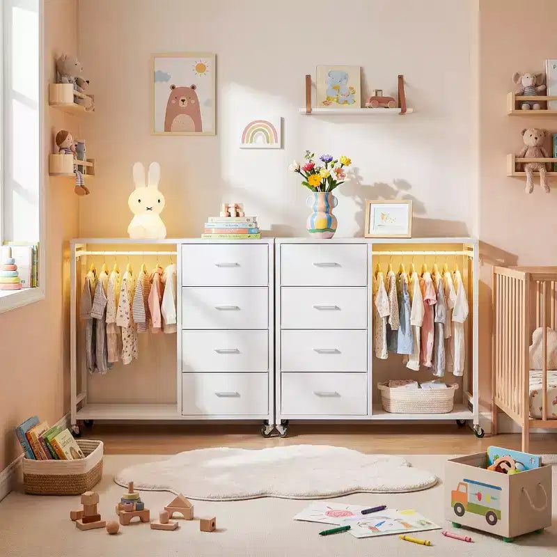 Portant à vêtements et commode avec station de recharge et éclairage LED, commode de chambre à 4 tiroirs