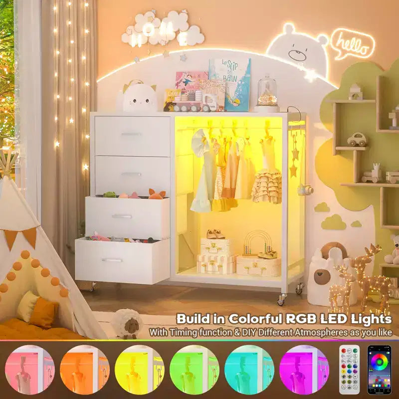 Portant à vêtements et commode avec station de recharge et éclairage LED, commode de chambre à 4 tiroirs