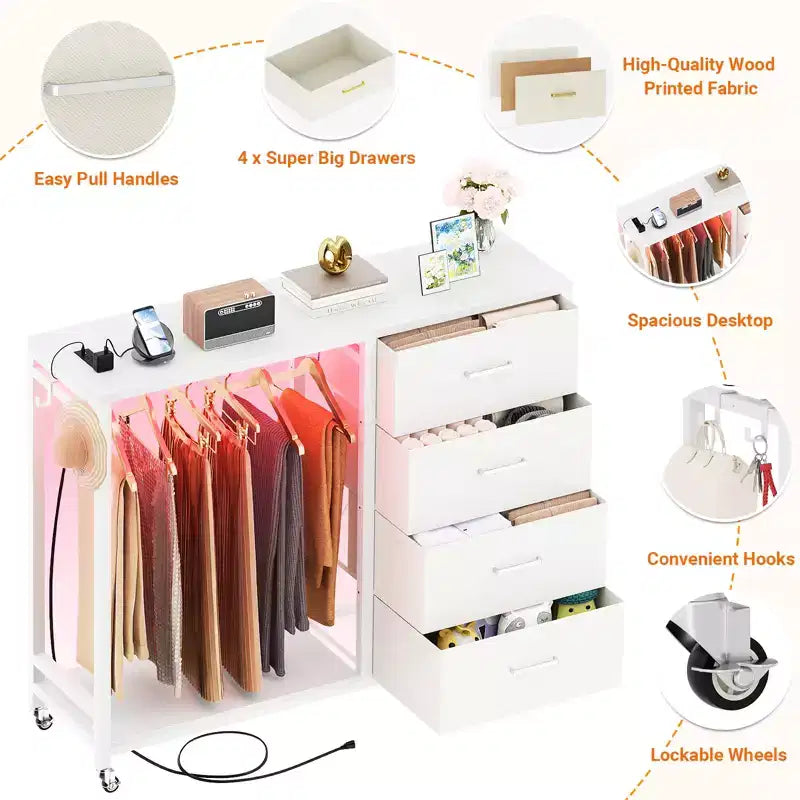 Portant à vêtements et commode avec station de recharge et éclairage LED, commode de chambre à 4 tiroirs