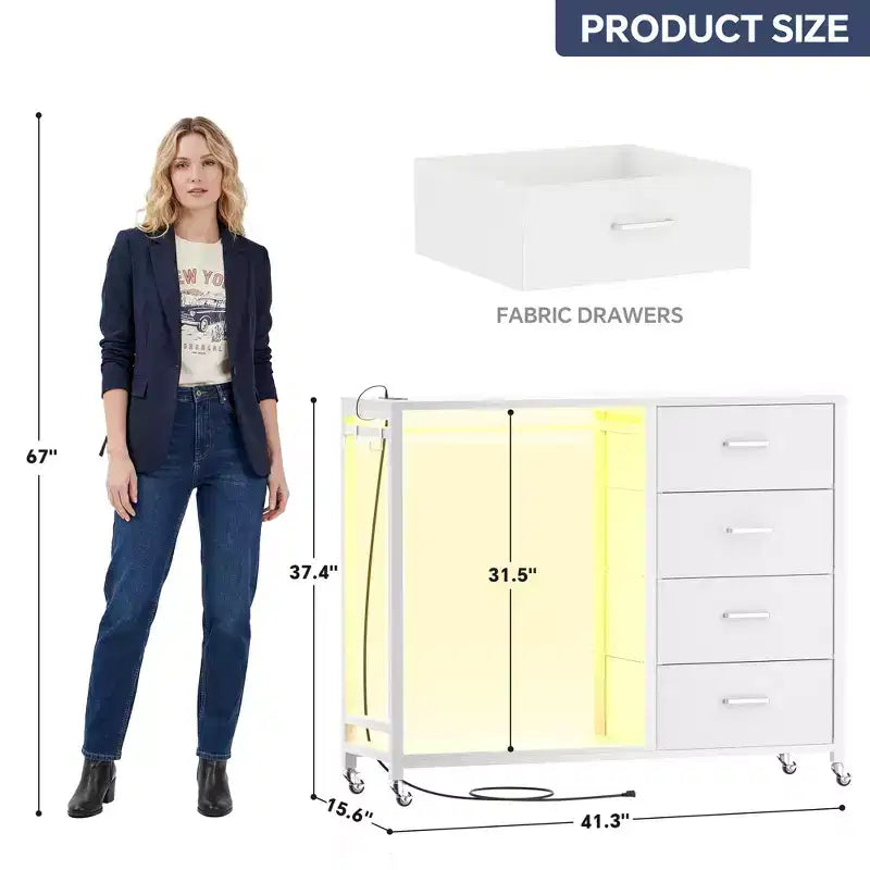 Portant à vêtements et commode avec station de recharge et éclairage LED, commode de chambre à 4 tiroirs