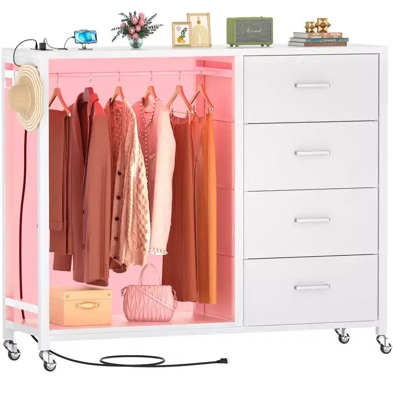 Portant à vêtements et commode avec station de recharge et éclairage LED, commode de chambre à 4 tiroirs
