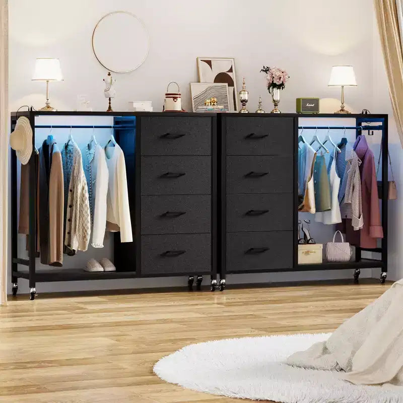 Portant à vêtements et commode avec station de recharge et éclairage LED, commode de chambre à 4 tiroirs