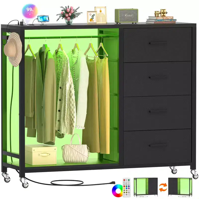 Portant à vêtements et commode avec station de recharge et éclairage LED, commode de chambre à 4 tiroirs