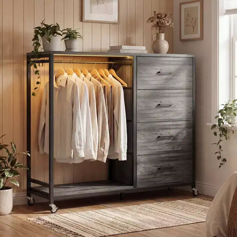 Portant à vêtements et commode avec station de recharge et éclairage LED, commode de chambre à 4 tiroirs