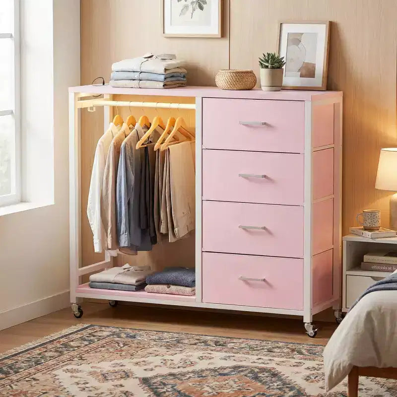 Kleiderständer, Kommode mit Ladestation und LED-Beleuchtung, Kommode mit 4 Schubladen fürs Schlafzimmer
