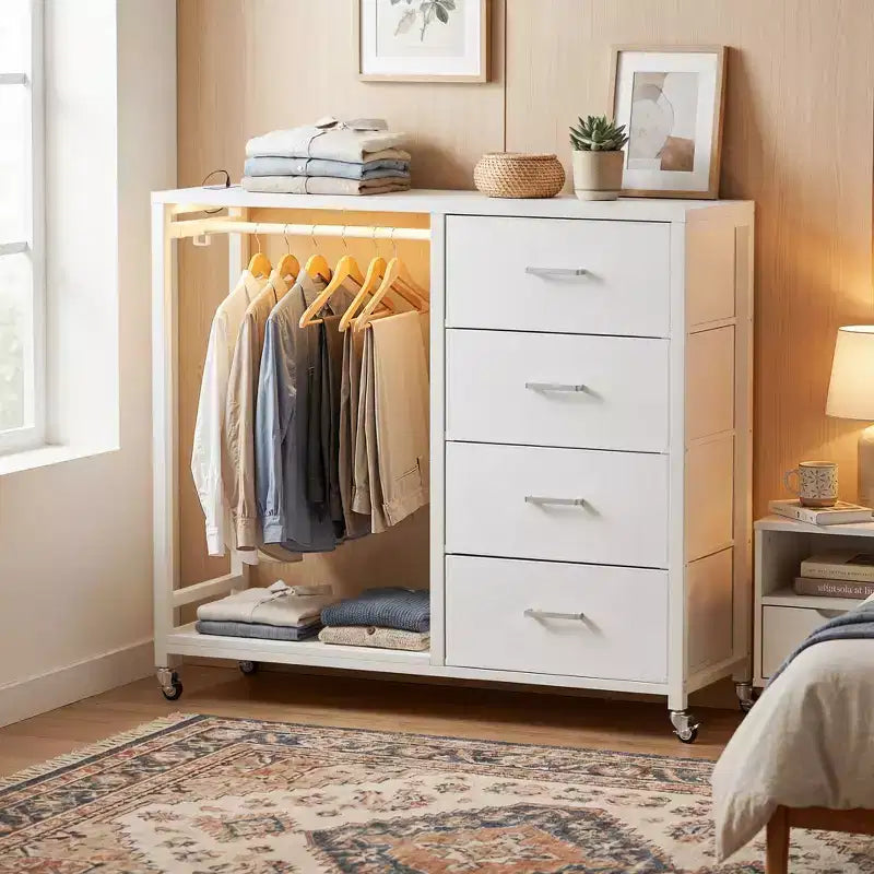 Kleiderständer, Kommode mit Ladestation und LED-Beleuchtung, Kommode mit 4 Schubladen fürs Schlafzimmer
