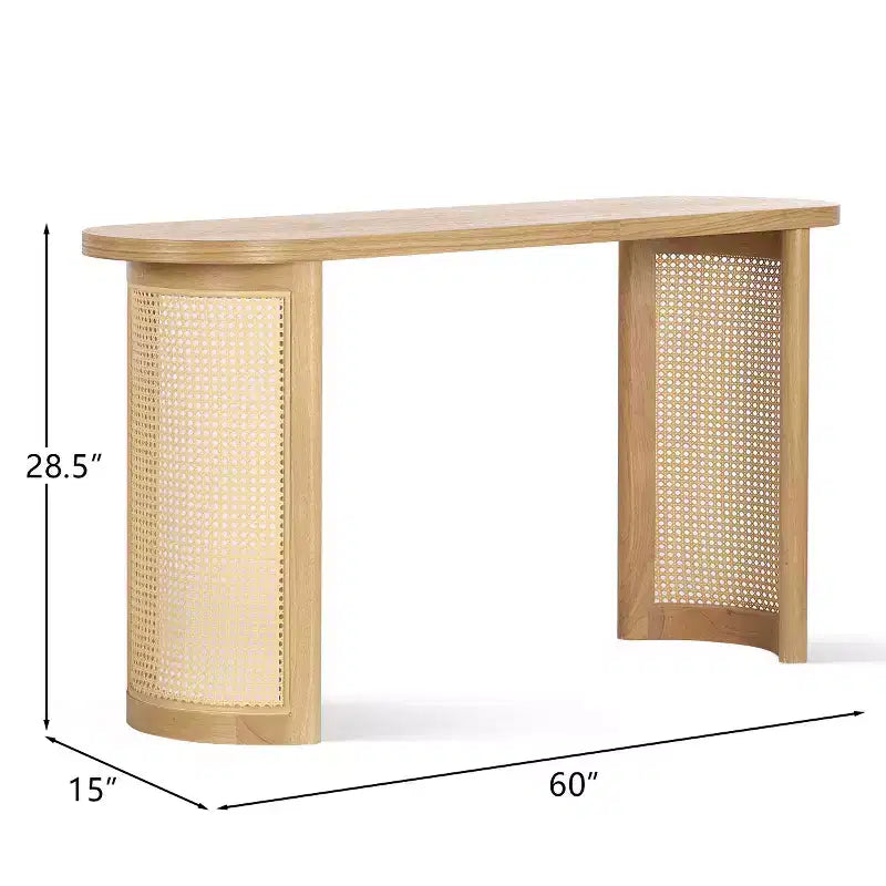 Mesa consola ovalada de 60 con patas de pedestal de rejilla de caña, mesa estrecha y moderna para sofá y entrada, para pasillo, sala de estar y recibidor